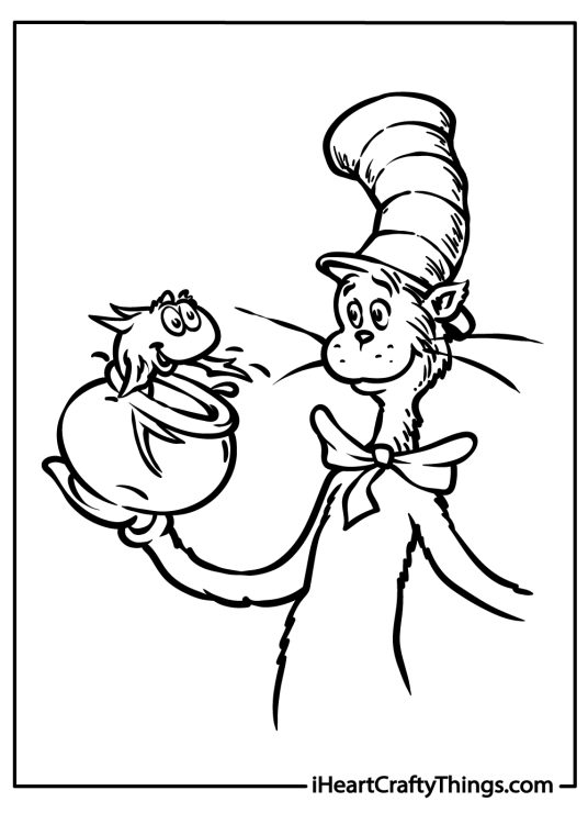 Coloring picture for pre-schoolers capturing Cat In The Hat holding a fish in a bowl