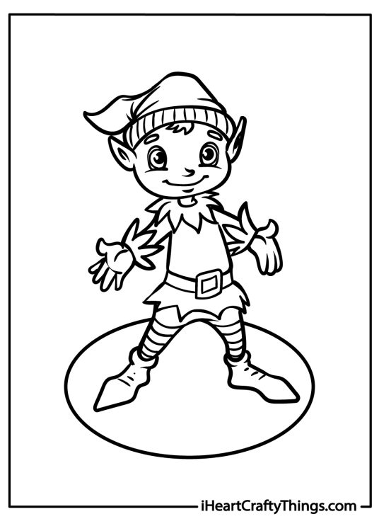 Christmas Elves coloring printable for kids depicting cute elf posing on a spotlight