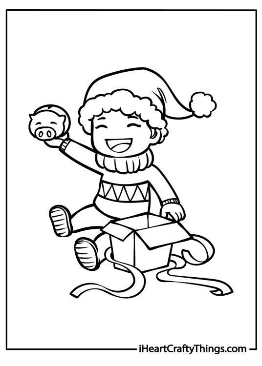 Coloring page of a happy kid unwrapping gift box and looking all excited as discovers piggy bank