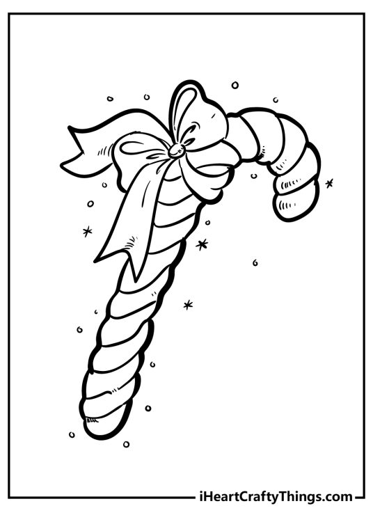 Christmas coloring sheet featuring candy cane with a big ribbon and sparkles all around it