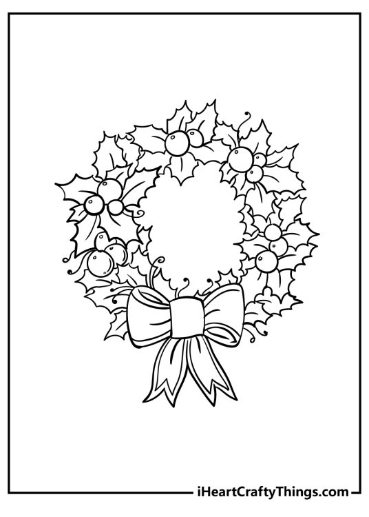 Christmas coloring sheet capturing Christmas wreath made up of lots of holly plants connected together