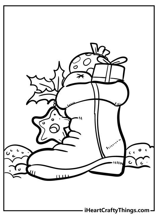 Christmas-themed coloring drawing showing a jolly Santa boot filled with tasty treats and gifts