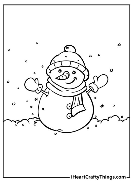 Christmas-themed image to color depicting smiling cartoony snowman on a snowy winter day