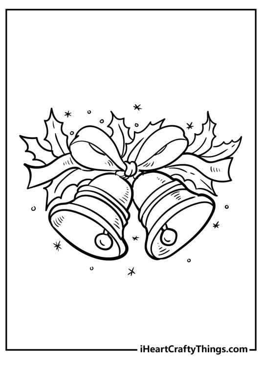 Christmas coloring page for kids depicting two Christmas bells tied together with some bows and holly leaves