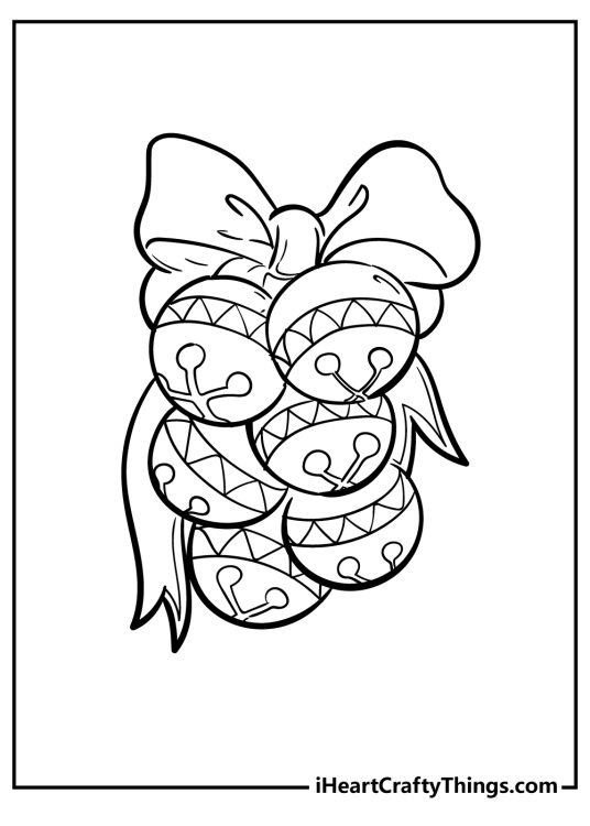 Christmas-themed printable capturing a clump of six intricately detailed rounded Christmas bells with a bow