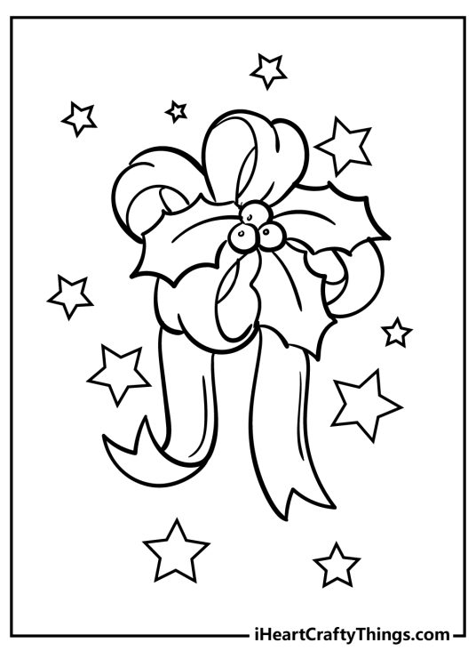 Picture of a creative Christmas decoration with some ribbons and a holly plant at the center and stars around it