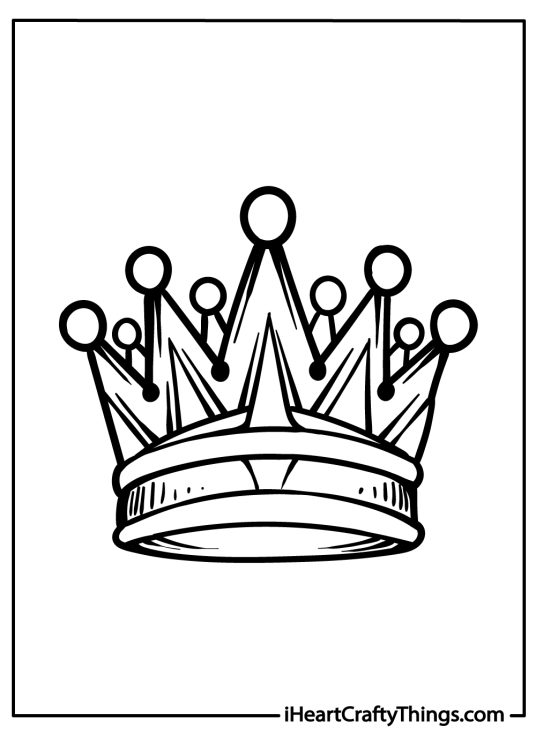 Printable coloring book page for kids featuring an elegant crown with rounded points