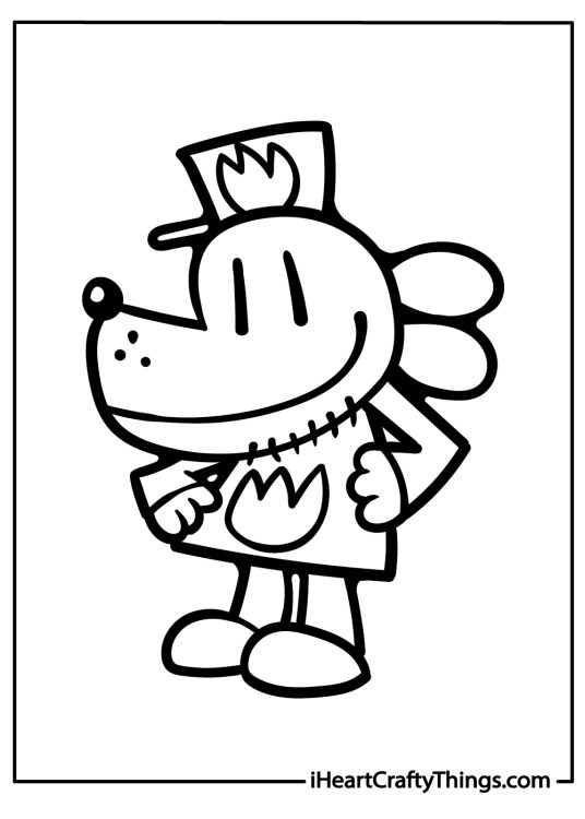 Coloring image for children featuring Dog Man standing tall on his hind legs and smiling with pride