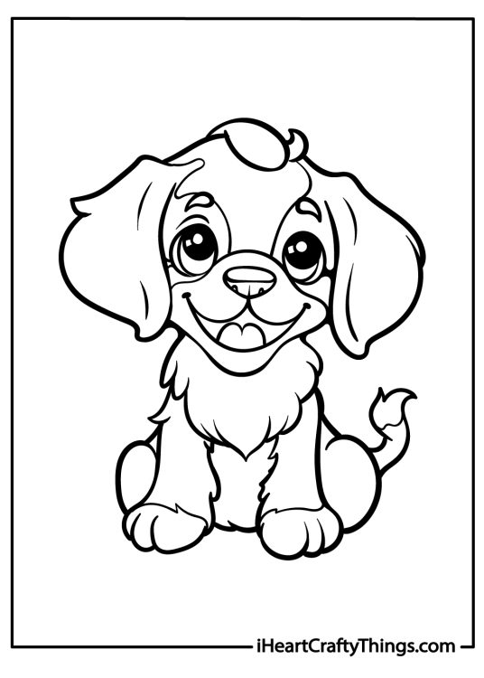 Printable dog and cat coloring image of an adorable young dog with floppy ears, big nose and a happy smile