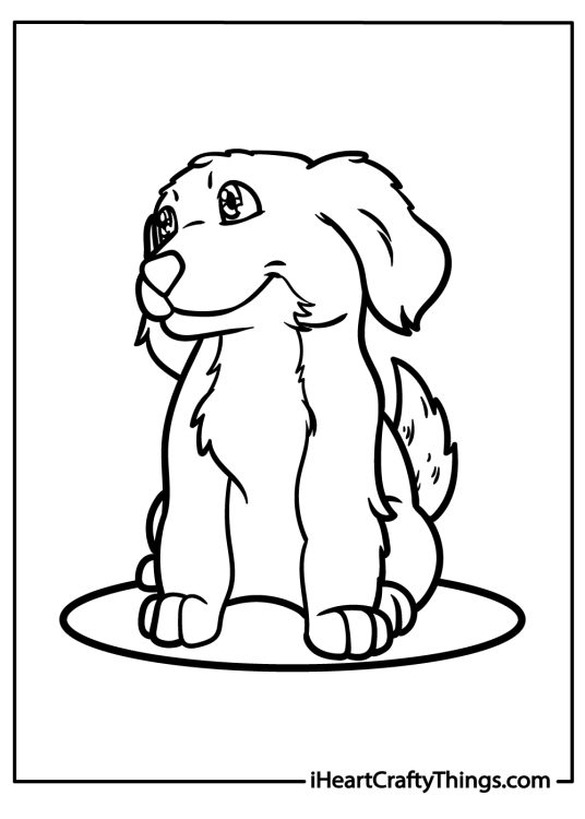 Dog and cat printable page of a snuggly dog with floppy ears and wagging tail sitting on his round pet bed