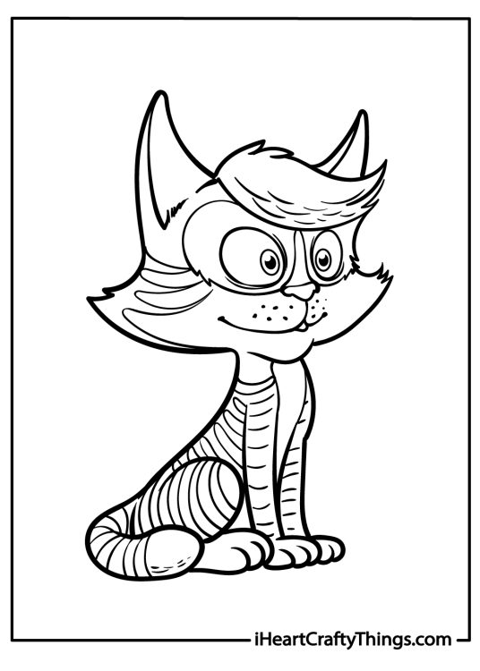 Dog and cat coloring pdf of a cat with striped fur and pretty eyes sitting with tail curled around the paws