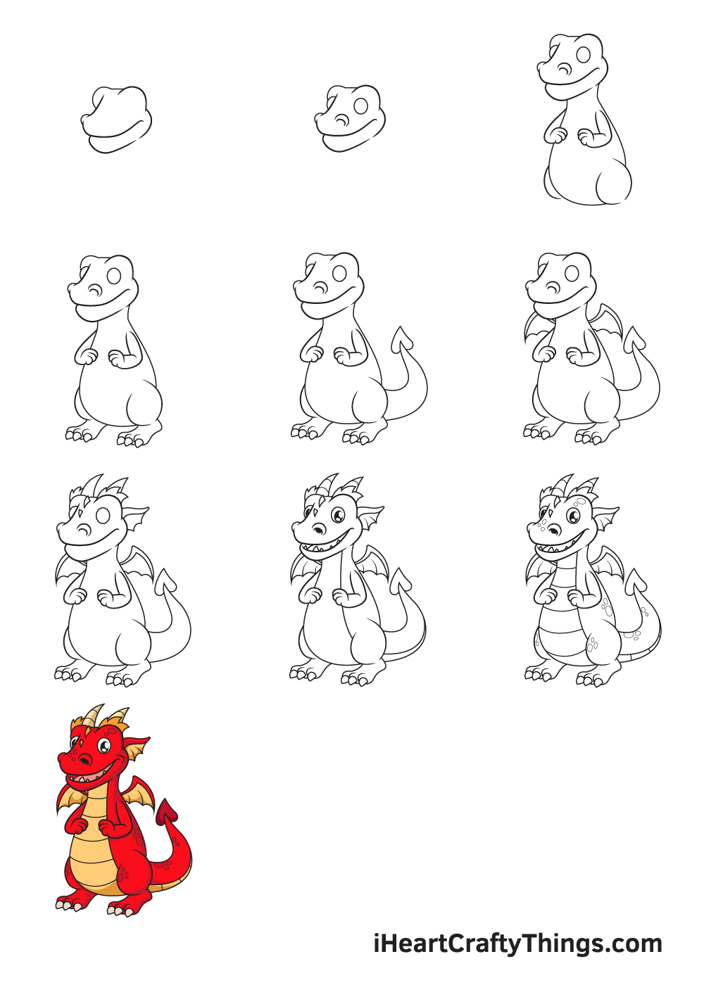 Drawing Dragon in 10 Easy Steps - Hướng dẫn cách vẽ con rồng đơn giản với 9 bước cơ bản cho bé tô màu