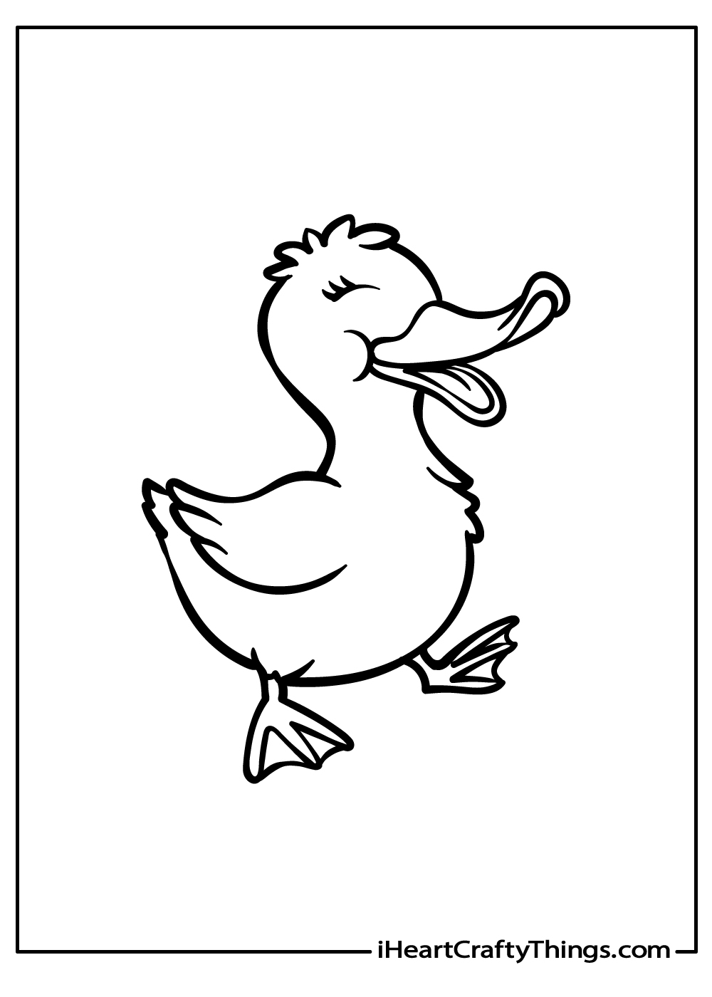 Black-and-white drawing for children of a happy duck standing on his two webbed feet