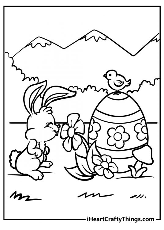 Coloring page of a tiny Easter Bunny enjoying a sniff of a flower next to big egg with mountains in the background