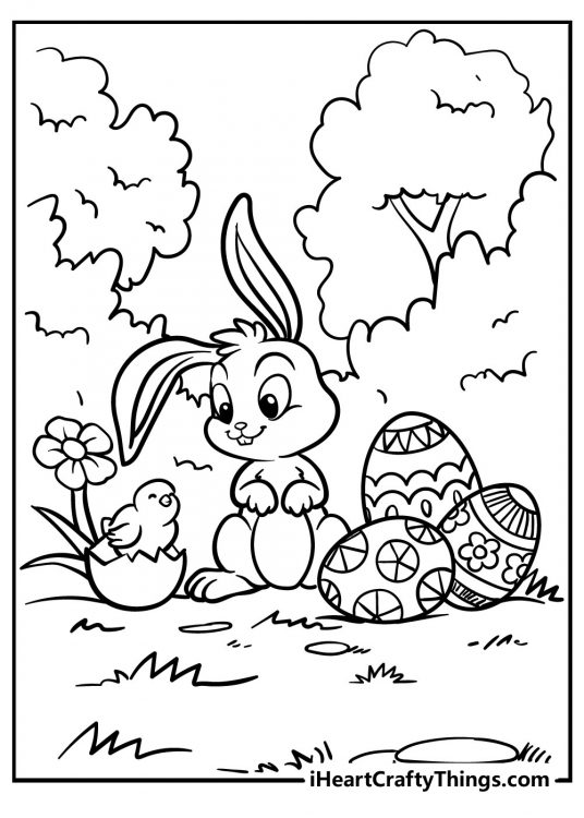 Coloring image of an Easter Bunny enjoying Easter morning in nature surrounded by eggs, greenery and little chick