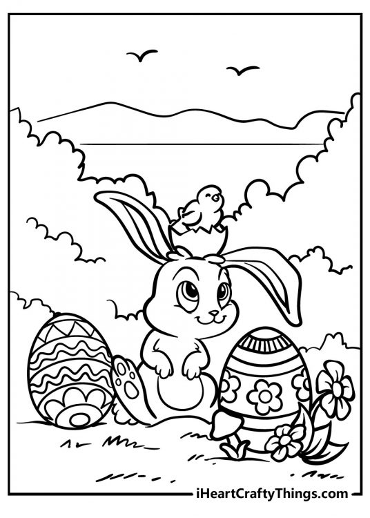 Coloring printable featuring Easter chick hatching on the head of an Easter Bunny sat between two eggs