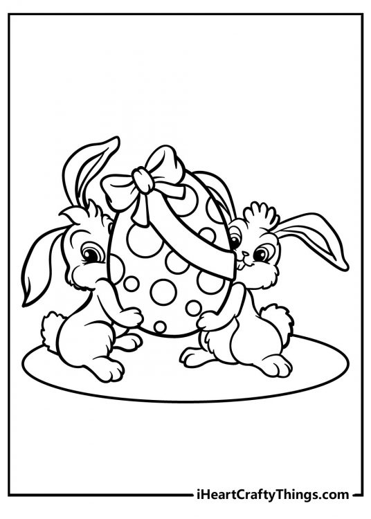 Easter Bunny coloring page featuring two rabbits carrying a giant Easter egg with big bow and polka-dot pattern