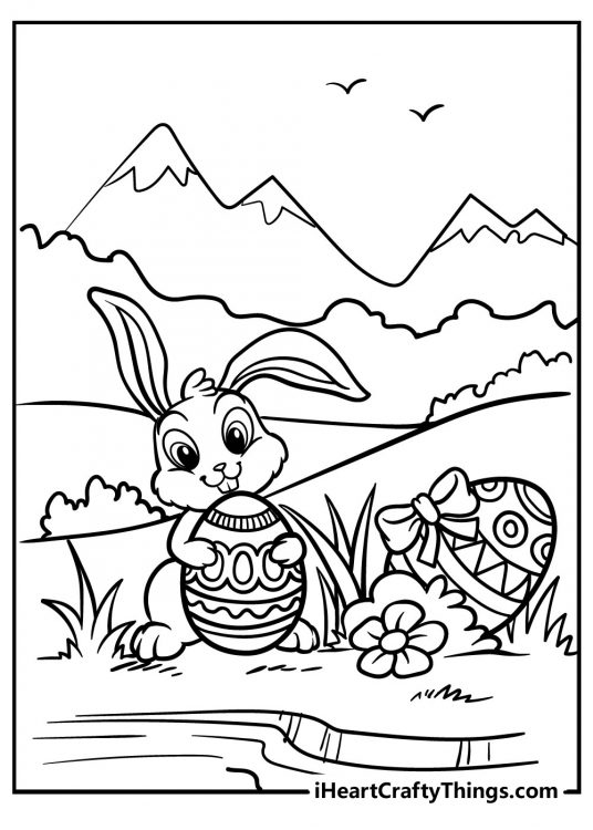 Easter Bunny coloring sheet featuring bunny hiding eggs around outside in gorgeous mountain setting