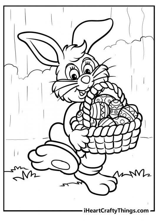 Easter Bunny carrying a big basket full of decorated Easter eggs free page to download and color