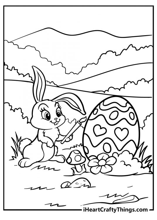 Cute Easter Bunny painting huge Easter egg surrounded by nature printable page to color