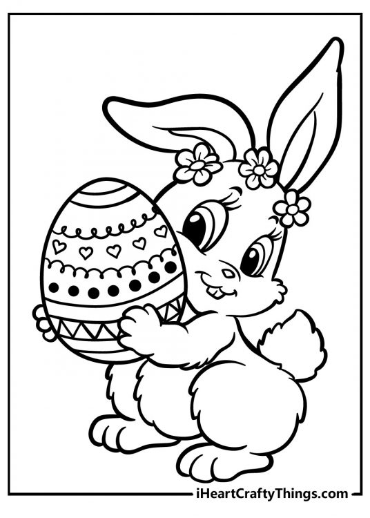 Printable poster featuring sweet Easter Bunny wearing flowers in her hair while she holds her Easter egg