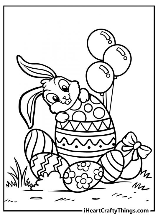 Printable picture of an Easter Bunny hiding behind big egg surrounded by smaller eggs and balloons