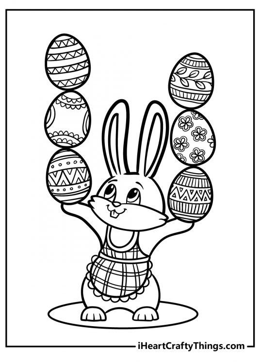Free printable sheet featuring Easter Bunny carrying three eggs all on top of one another in each hand