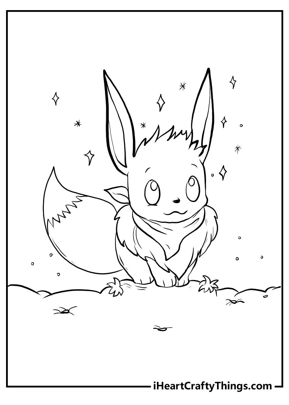 Printable page of an adorable Pokemon Eevee dressed up in a fox costume sitting on the ground