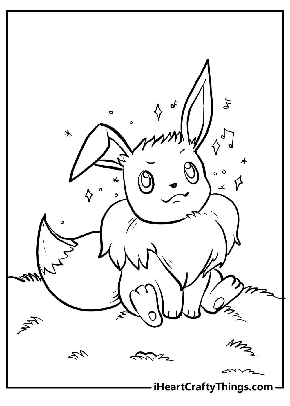 Printable coloring page of Pokemon Eevee dressed up in a bunny costume sitting on a grass