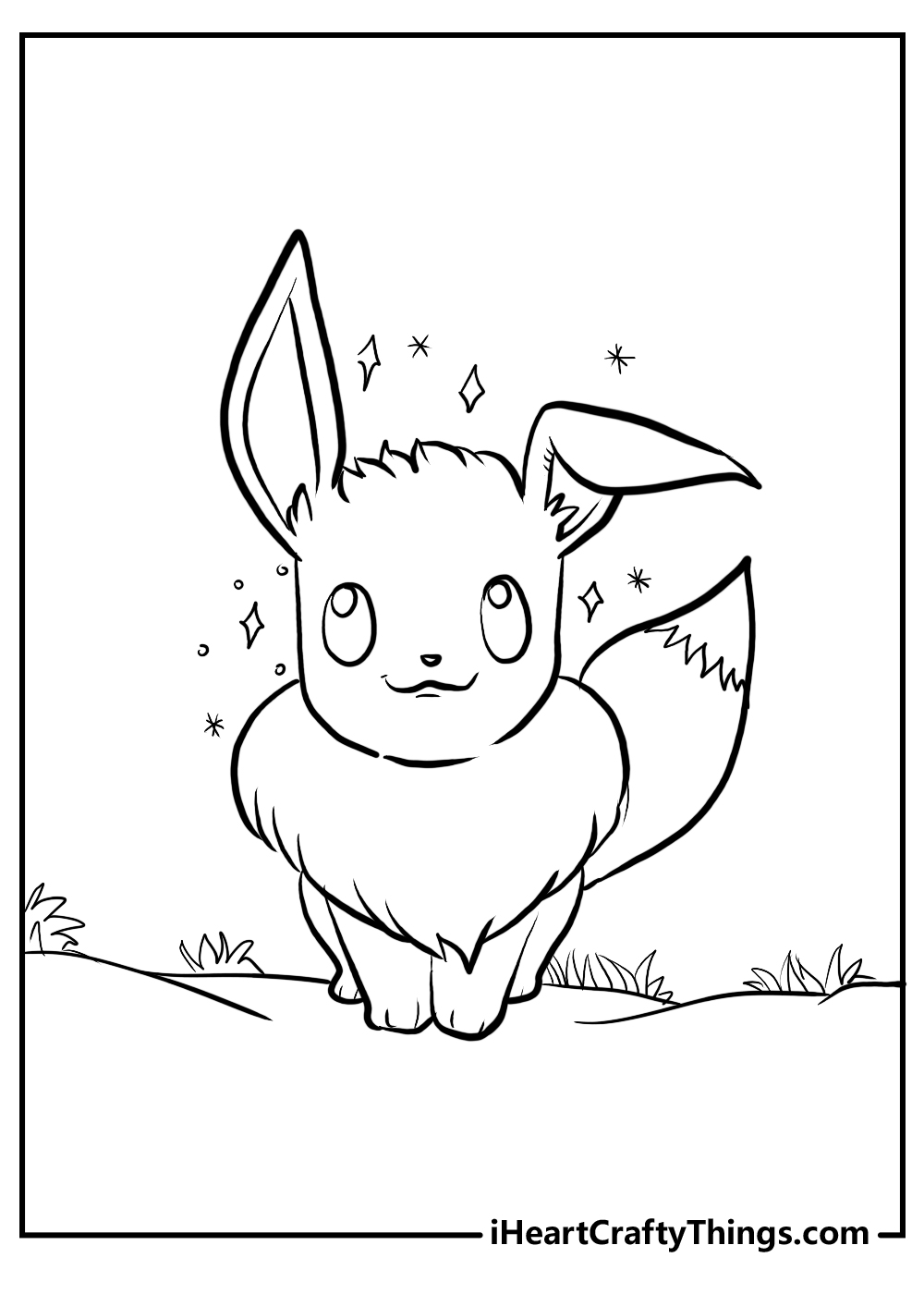 Coloring page featuring Eevee standing on a grassy field looking at the stars above her