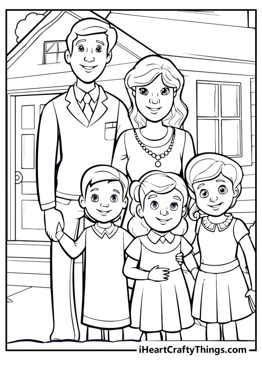 Printable coloring image showing a smiling family of five standing in front of their lovely home