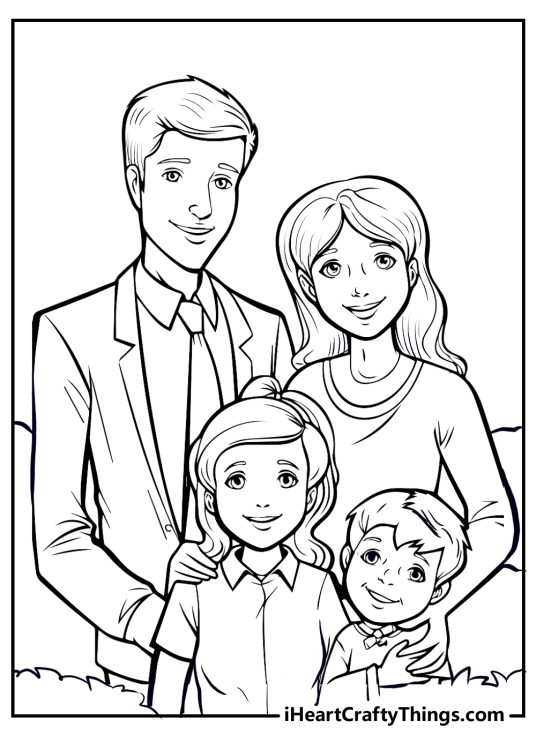 Detailed coloring image featuring beautiful family of four with kids standing in front of their parents