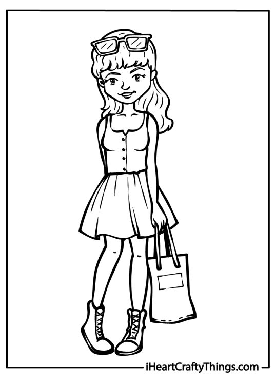 Fashion coloring printable featuring woman wearing a short dress with buttons and a flared skirt