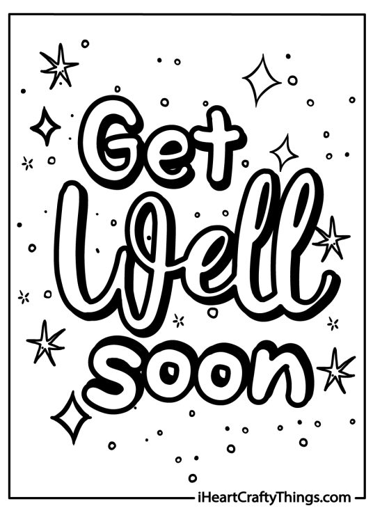 Coloring picture featuring Get Well Soon phrase surrounded by sparkles and dots