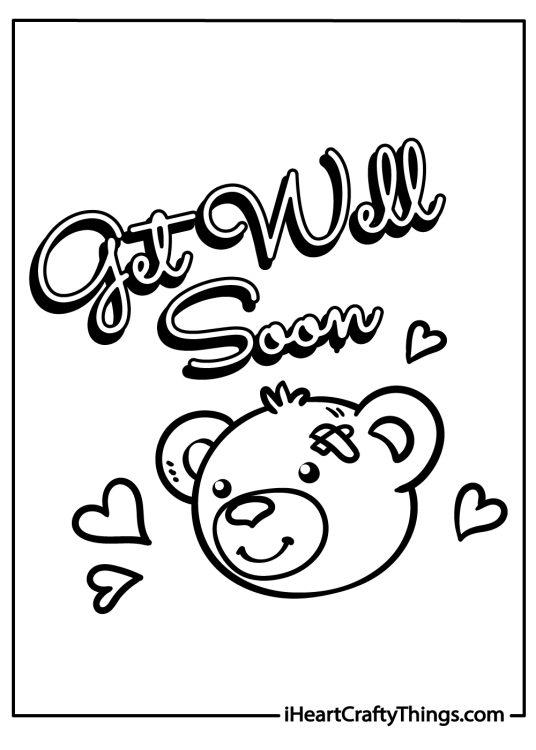 Card depicting teddy bear head surrounded by hearts and a Get Well Soon phrase above it