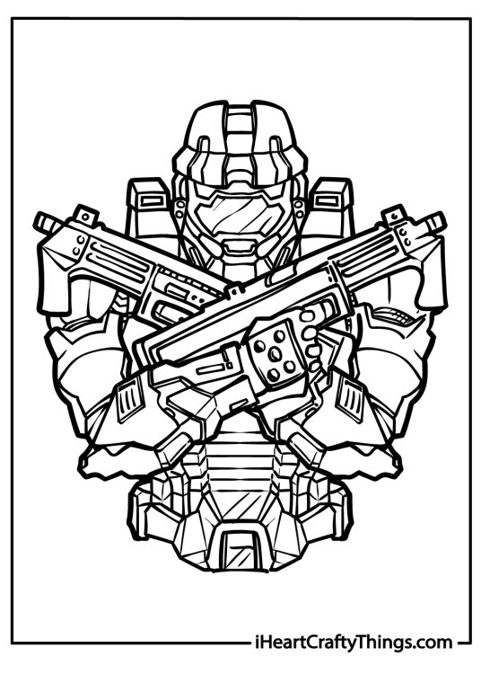 Highly-detailed Halo coloring printable presenting Master Chief posing with arms and weapons crossed