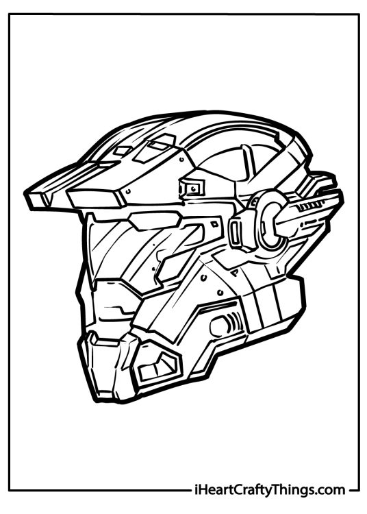 Halo coloring page featuring famous sleek design helmet worn by the Master Chief