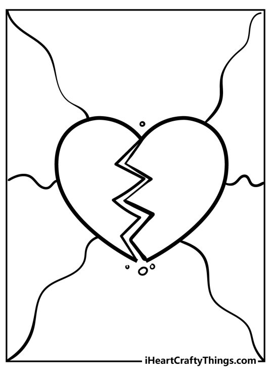 Heart-themed coloring sheet presenting broken heart with background separated into segments