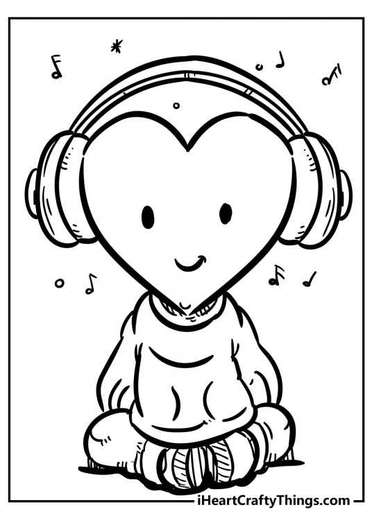 Heart-themed image presenting a little guy with a heart-shaped head wearing big headphones sweater and pants