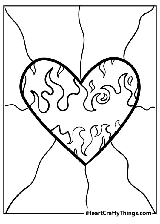 Coloring page for children presenting a big heart with flame shapes inside and segmented background behind it