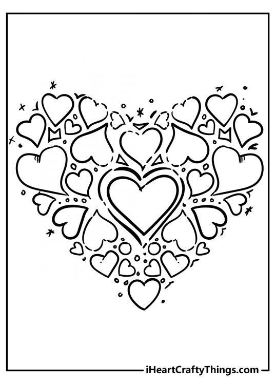 Detailed coloring card presenting one big heart made up of a bunch of smaller ones