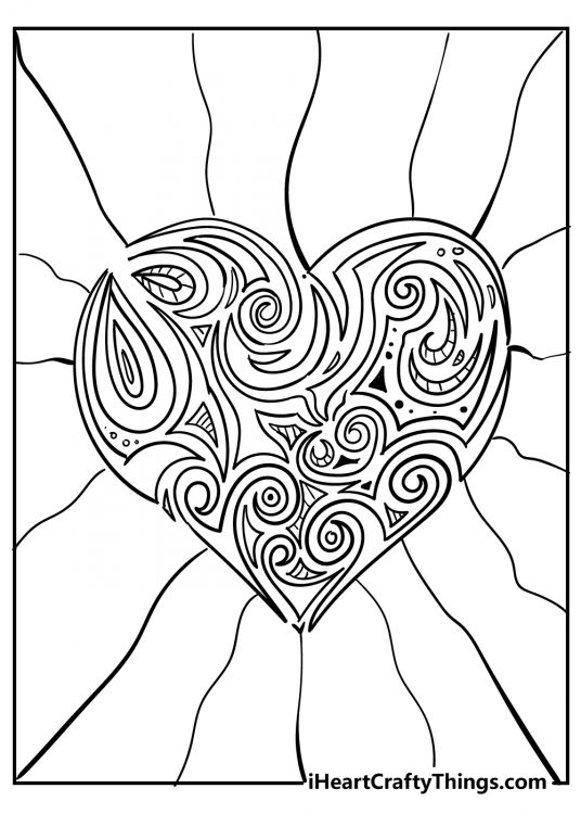 Detailed coloring page for children presenting a heart-shaped maze with wavy lines in the background