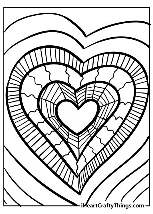 Wallpaper featuring overlapping hearts with multiple patterns including verticle stripes wavy lines and spider web