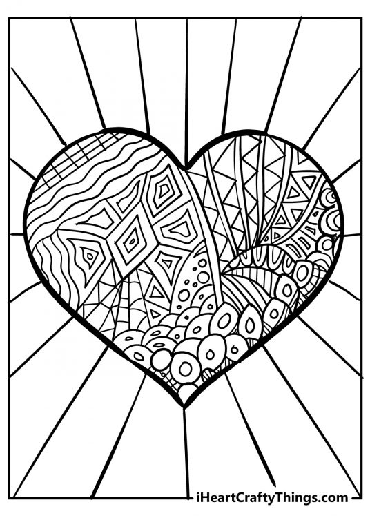 Picture to color featuring heart decorated with such intricate designs like circles triangles and stripes