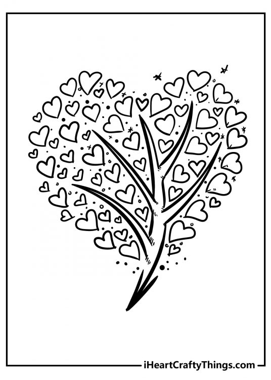 Coloring image presenting big heart-shaped tree with leaves made up of small hearts