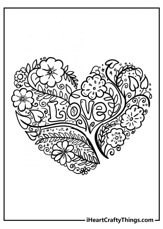 Coloring page with a heart made up of a tree leaves flowers and vines with the word LOVE in the middle