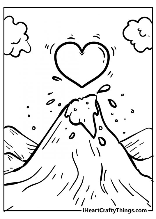 Coloring sheet for children featuring a big heart bursting out of erupting volcano
