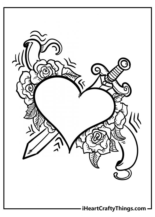 Detailed coloring drawing featuring a big heart with a sword and flowers behind it