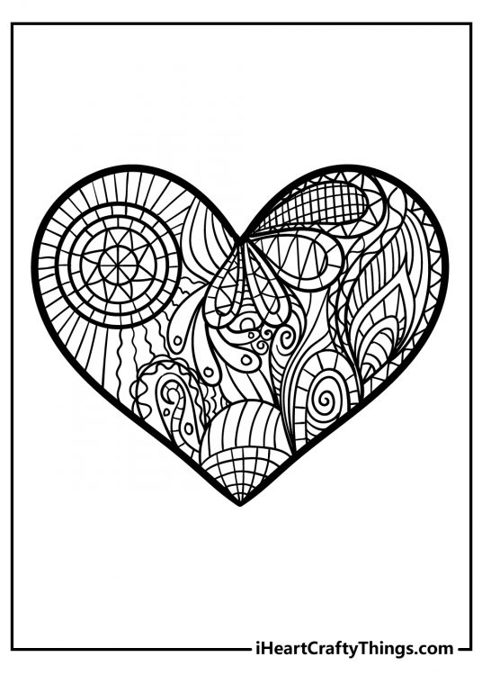 Coloring page for adults presenting big heart with an intricate mandala-themed pattern