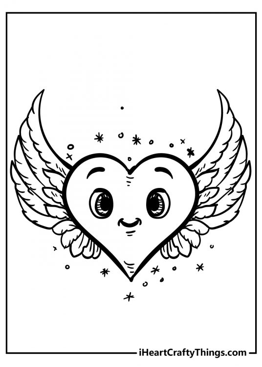 Picture for kids of a heart with a cute smiling face in the middle and wings growing out to the sides
